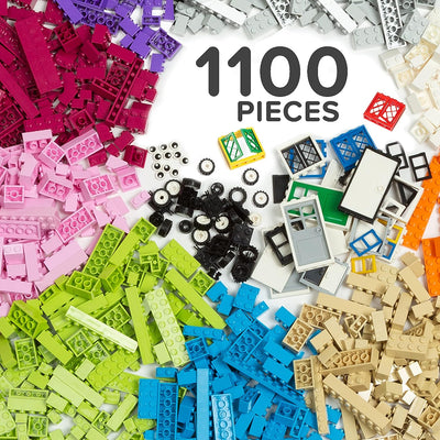 1100 Piece Building Bricks Kit with Wheels, Tires, Axles, Windows and Doors Pieces - Pastel Colors - Compatible with All Major Brands