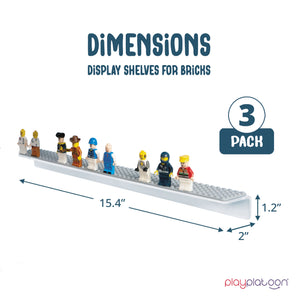 Building Brick Display Shelves 3 Pack Minifigure Display Case Shelf - 15x2 Inch Acrylic Wall Mount Shelf for Wall, Compatible with Lego, Megablox, and Other Major Brands - Gray