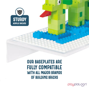 Building Brick Display Shelves 2 Pack Minifigure Display Case Shelf - 12x5 Inch Acrylic Wall Mount Shelf for Wall, Compatible with Lego, Megablox, and Other Major Brands - White