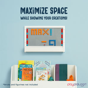 Building Brick Wall Mount Activity Toy with Storage - 21 x 14 inch Frame, Large Wall Activity Display Building Blocks Baseplate Panel, Compatible with All Major Brands