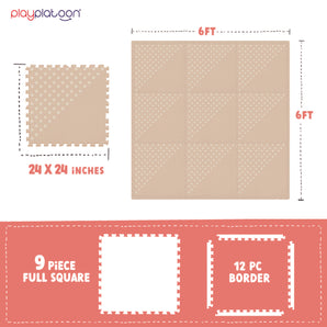 Large Baby Play Mat for Floor 9 Tile 72 x 72 in - Extra-Thick Interlocking Foam Tiles 24 x 24 in - Soft Puzzle Mats for Playroom - Neutral Playmat Rug for Kids - Triangle