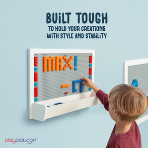Building Brick Wall Mount Activity Toy with Storage - 21 x 14 inch Frame, Large Wall Activity Display Building Blocks Baseplate Panel, Compatible with All Major Brands