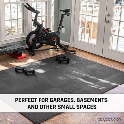 Play Platoon Gym Flooring Exercise Mats - Black Interlocking Workout Mats for Home Gym Floor, 3/8 Inch Thick Tiles, 48 square foot