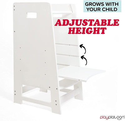 Play Platoon Toddler Kitchen Stool with Adjustable Height - White Wooden Step Stool Standing Tower for Kids Kitchen Counter Learning