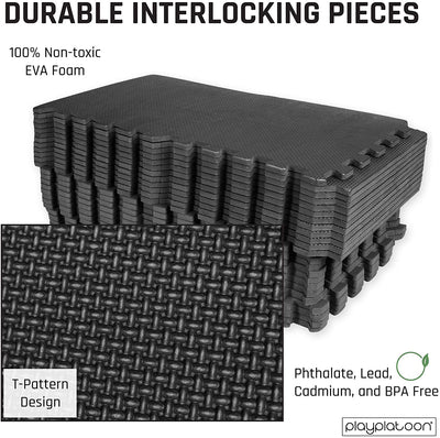 Play Platoon Gym Flooring Exercise Mats - Black Interlocking Workout Mats for Home Gym Floor, 3/8 Inch Thick Tiles, 24 square foot