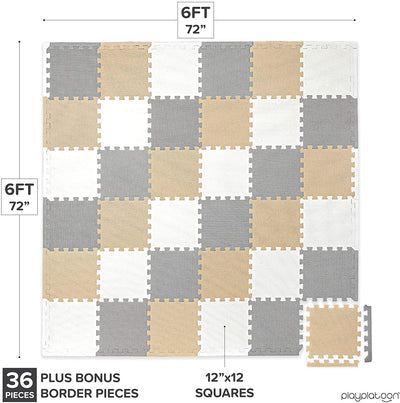 Non-Toxic Foam Puzzle Floor Mat, Comfortable, Extra Thick, Cushiony Exercise and Play Mat for Toddlers, Kids & Adults, 36 Tiles (12"x12"), Warm Grey/Cream/Sand