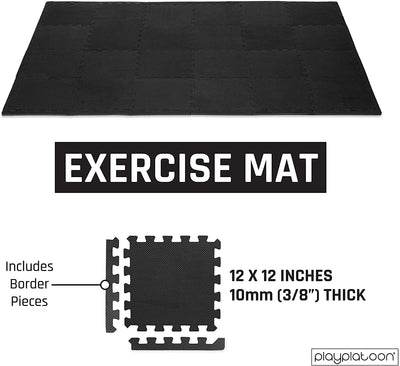 Play Platoon Gym Flooring Exercise Mats - Black Interlocking Workout Mats for Home Gym Floor, 3/8 Inch Thick Tiles, 24 square foot