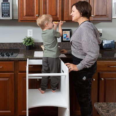 Play Platoon Toddler Kitchen Stool with Adjustable Height - White Wooden Step Stool Standing Tower for Kids Kitchen Counter Learning