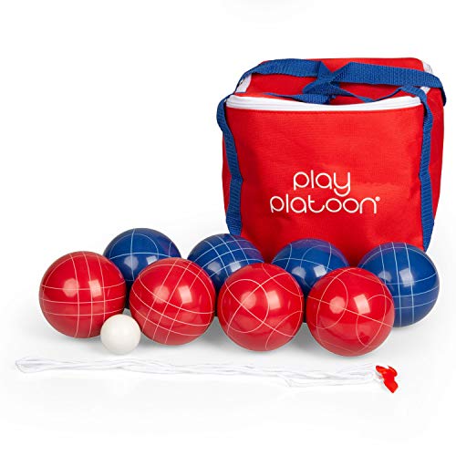 Red & Blue Bocce Ball Set with 8 Premium Resin Bocce Balls, Pallino, Carry Bag & Measuring Rope - Red and Blue 2 to 8 Person Bocce Yard Game
