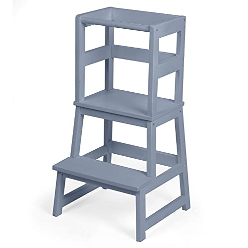 Play Platoon Toddler Kitchen Stool - Gray Wooden Step Stool Standing Tower for Kids Kitchen Counter Learning
