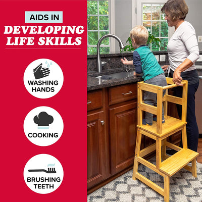 Play Platoon Toddler Kitchen Stool - Kids Wooden Step Stool Tower for Kitchen Counter Learning
