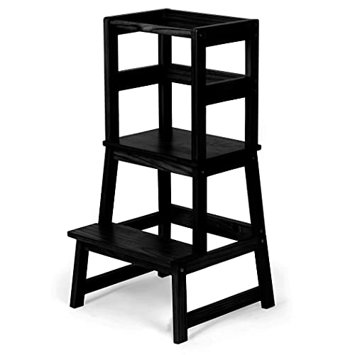 Play Platoon Toddler Kitchen Stool - Black Wooden Step Stool Standing Tower for Kids Kitchen Counter Learning