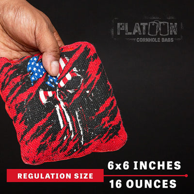 Play Platoon Tournament Series Cornhole Bags: Red / Gray American Flag Skulls