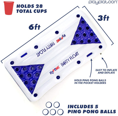 Play Platoon H2PONG Inflatable Beer Pong Raft, Includes 5 Ping Pong Balls - Floating Pool Party Game Float Set