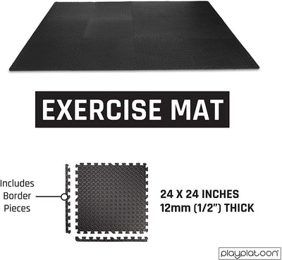 Play Platoon Gym Flooring Exercise Mats - Black Interlocking Workout Mats for Home Gym Floor, 1/2 Inch Thick Tiles, 24 square foot