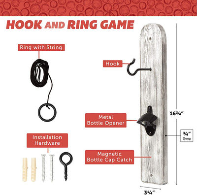 Play Platoon Hook and Ring Game with Bottle Opener and Magnetic Cap Catch - Ring Toss Game for Adults, Rustic White Wood