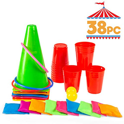 5 in 1 Kids Party Games Carnival Set - 38 Piece Ring Toss and Obstacle Course for Kids Including 6 Plastic Cones, 10 Tossing Rings, 10 Cornhole Bean Bags, 10 Stacking Cups & 2 Ping Pong Balls