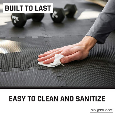 Play Platoon Gym Flooring Exercise Mats - Black Interlocking Workout Mats for Home Gym Floor, 1/2 Inch Thick Tiles, 24 square foot