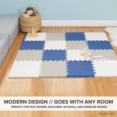 Non-Toxic Foam Puzzle Floor Mat, Comfortable, Extra Thick, Cushiony Exercise and Play Mat for Toddlers, Kids & Adults, 16 Tiles (12"x12"), Grey/Cream/Navy