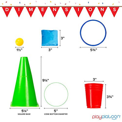 5 in 1 Kids Party Games Carnival Set - 38 Piece Ring Toss and Obstacle Course for Kids Including 6 Plastic Cones, 10 Tossing Rings, 10 Cornhole Bean Bags, 10 Stacking Cups & 2 Ping Pong Balls
