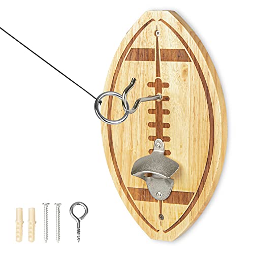 Play Platoon Hook and Ring Game with Bottle Opener and Magnetic Cap Catch - Wood Ring Toss Game for Adults, Football Design